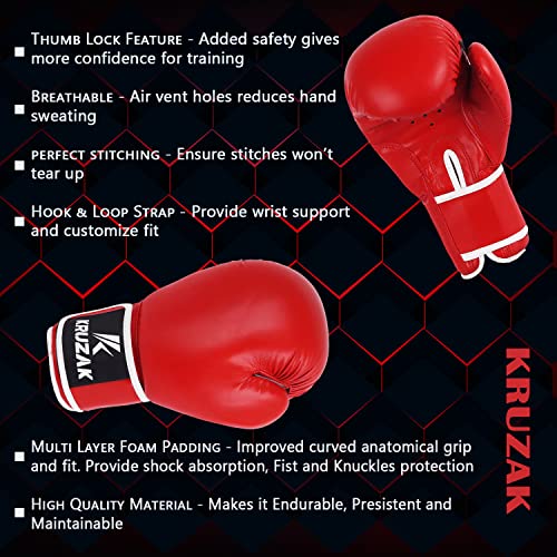 Kruzak Plain Boxing Gloves for Sparring, Kickboxing, Muay Thai, Martial Arts & MMA Fighting - Men & Women Punch Bag Mitts Training and Focus Pads Punching - color: Red, size: 10 oz