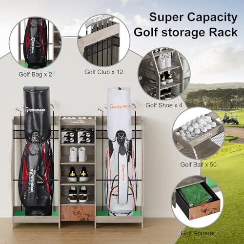 Golf Bag Storage Organizer Holds 2 Golf Bags for Garage - Wooden Rack - color: Grey