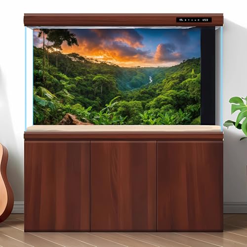 Sunset Mountain Valley Aquarium Background Tropical Jungle Rainforest Waterfall Fish Tank Background Lush Green Jungle Forest Trees Natural Landscape Reptile Tank Backgrounds Wallpaper 48x18in - size: 48(W)x18(H)inches/ 120(W)*45cm(H)
