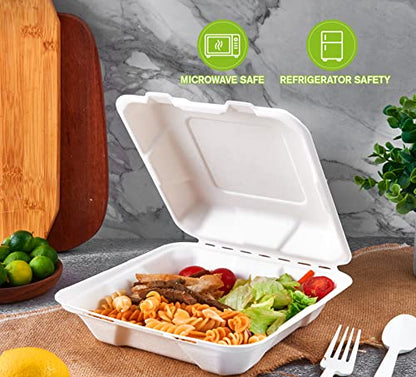 50 Pack Clamshell Take Out Food Containers, 100% Compostable Disposable To Go Containers, 8X8 inch Heavy-Duty To Go Boxes for Food - color: 8*8 in, 1-Compartment,50Pack