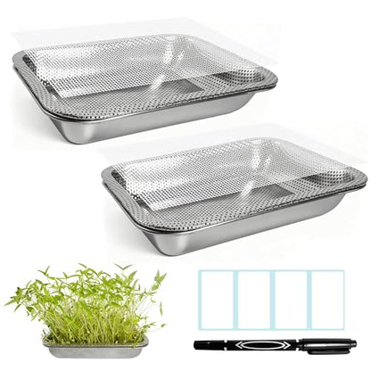 2 Pack Stainless Steel Seed Sprouter Trays, 2-Tier Soil-Free Microgreens Growing Kit, Rust-Free Sprouting Tray with Mesh Pads for Sprouts Beans Alfalfa Wheatgrass (10.6" x 7.9" x 1.9")