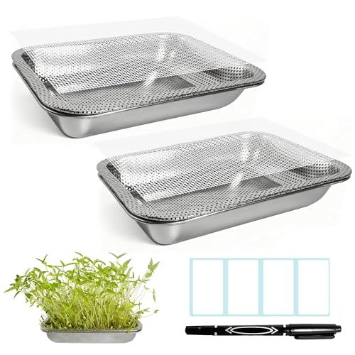 2 Pack Stainless Steel Seed Sprouter Trays, 2-Tier Soil-Free Microgreens Growing Kit, Rust-Free Sprouting Tray with Mesh Pads for Sprouts Beans Alfalfa Wheatgrass (10.6" x 7.9" x 1.9")