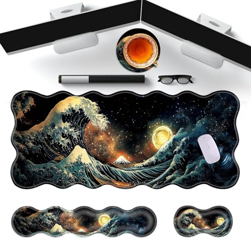 Large Gaming Mouse Pad, Keyboard Wrist Rest Pad & Wrist Support Mousepad Set, Stitched Edge, Extended, Non-Slip Base, Memory Foam Desk Mat for Office, Home,Japanese Sea Wave - color: Japanese Sea Wave