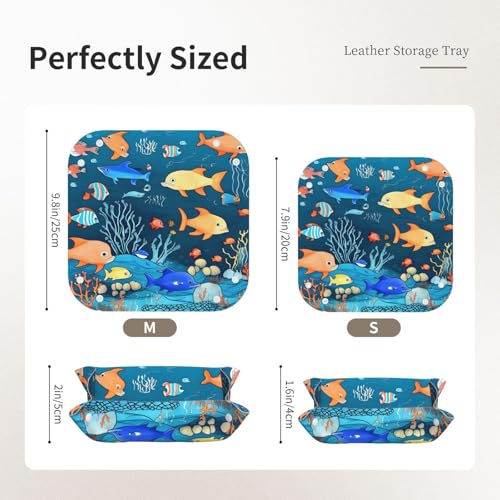Medium Blue Underwater World of Fish Leather Storage Tray - Double Sided PVC Tray Organizer for Keys, Jewelry, Desk & Vanity with Snap Closure