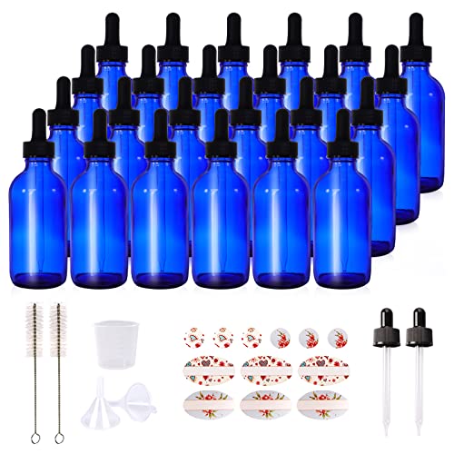 24 Pack 4oz Cobalt Blue Glass Bottles with Glass Eye Droppers for Essential Oils, Perfumes & Lab Chemicals (2 Brushes, 2 Funnels, 2 Extra Droppers, 36 Pieces Labels & Measuring Cup Included) - color: Cobalt Blue