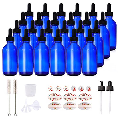 24 Pack 4oz Cobalt Blue Glass Bottles with Glass Eye Droppers for Essential Oils, Perfumes & Lab Chemicals (2 Brushes, 2 Funnels, 2 Extra Droppers, 36 Pieces Labels & Measuring Cup Included) - color: Cobalt Blue