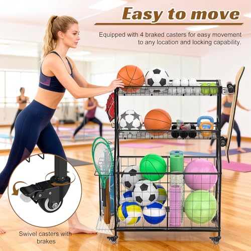 Heavy Duty 3-Tier Sports Equipment Organizer, Large Capacity Garage Storage Rack with 5 Removable Mesh Baskets, Lockable Casters, Bat Holder & Hooks for Balls, Rackets, Gear in Home, Gym, Sc