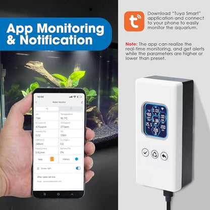 Smart Aquarium Water Quality Monitor 7-in-1 pH, Temperature, TDS, EC, Salinity, ORP & Specific Gravity Real-Time Alerts with App Control, Replaceable Probe for Freshwater, Saltwater, Reef & Ponds