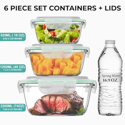 Razab 6 PC Square Glass Food Storage Containers with Airtight lids (74, 40 & 18 oz) Kitchen Glass Meal Prep Containers Set for Freezer Reusable Leftover Lunch Boxes, Oven, Microwave, Dishwasher Safe