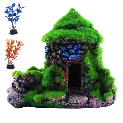 M2cbridge Aquarium Decorations Fish Hideout House Betta Cave with Green Lifelike Moss (Style 1) - style: Style 1
