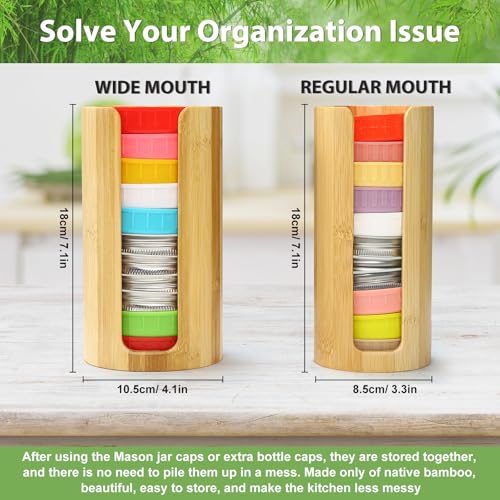 Mason Jar Lid Organizer (2pcs), Mason Jar Lid Storage Made of Bamboo, Suitable for Mason/Canning/Bamboo Lids(WIDE/REGULAR), Fit Perfectly, Stackable Steady