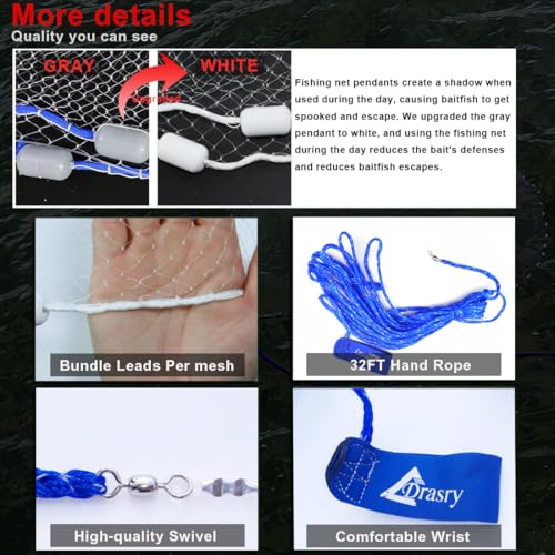 Saltwater Fishing Cast Net 3/8 and 1/4 Mesh with Heavy Duty Gray Sinker American Monofilament Fish Throw Net for Bait Trap 3FT 4FT 5FT 6FT 7FT 8FT 9FT Radius