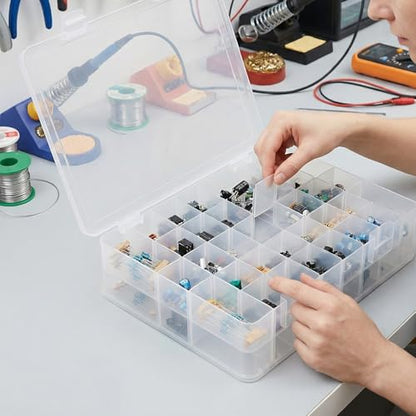 FUNSUEI 48 Grids Clear Plastic Portable Organizer Box with Adjustable Compartments, 2 Layers Plastic Jewelry Bead Organizer Box Craft Storage Containers for Electronics Art DIY Fishing Small Parts