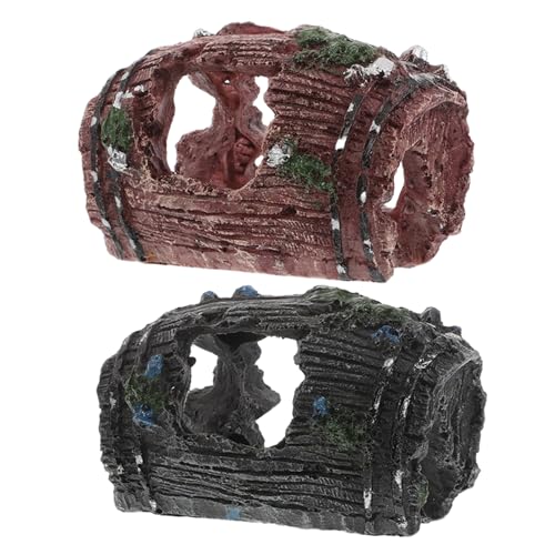Beaupretty 2pcs Resin Fish Tank Decorations Broken Barrel Aquarium Cave Hideout Ornaments for Betta Fish and Shrimp Shelter, Small Crimson and Ebony Barrel Design for Freshwater Random Color