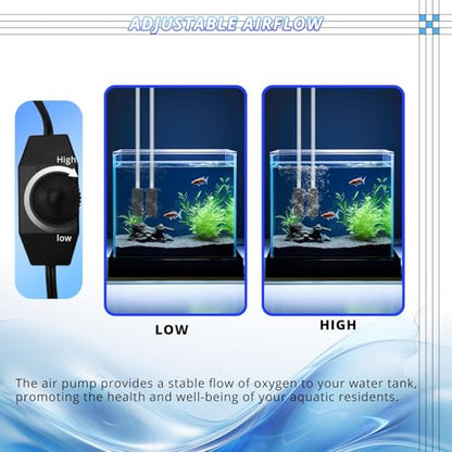 Aquarium Air Pump for Large Fish Tanks up to 300/600 Gallons Dual Outlet 5W/10W,190/260GPH Adjustable Aerator with Air Stones,Tubing & Check Valve-Portable Bubbler Box for Fish Tanks and Aquariums - size: 5W-12L