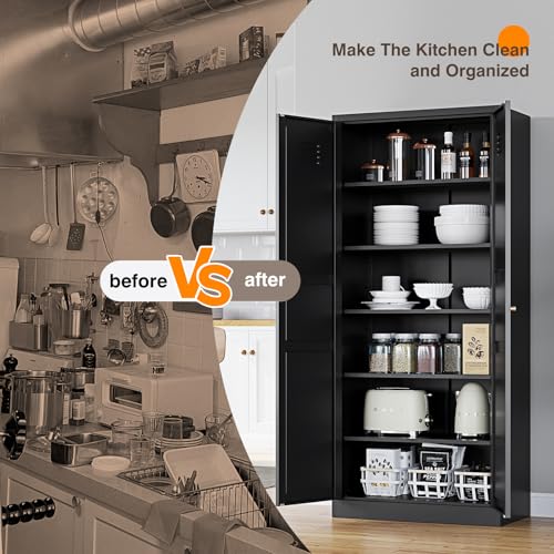 Metal Storage Cabinet with 2 Doors and 5 Adjustable Shelves - 71" Black Kitchen Pantry Storage Cabinet, 5-Tier Tall Steel Cabinet Locker for Kitchen, Living Room, Dining Room