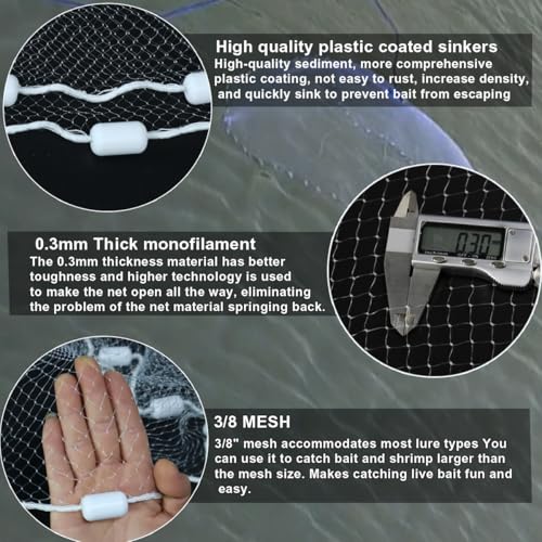 Saltwater Fishing Cast Net 3/8 and 1/4 Mesh with Heavy Duty Gray Sinker American Monofilament Fish Throw Net for Bait Trap 3FT 4FT 5FT 6FT 7FT 8FT 9FT Radius