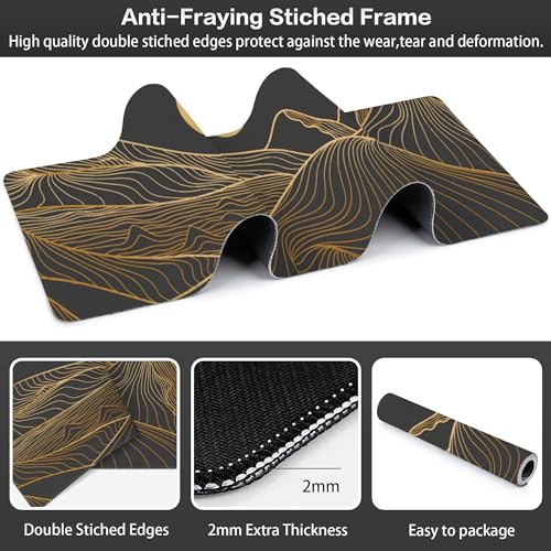 Abstract Golden Mountain Desk Mat,Large Gold Line Art Gaming Keyboard Mouse Pad,Non-Slip Rubber Base Desk Pad Thick Stitched Edges Waterproof Mousepad Mouse Mat 31.5"x11.8" - color: Abstract Golden Mountain