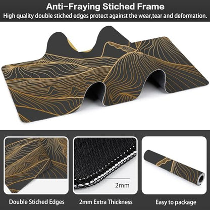 Abstract Golden Mountain Desk Mat,Large Gold Line Art Gaming Keyboard Mouse Pad,Non-Slip Rubber Base Desk Pad Thick Stitched Edges Waterproof Mousepad Mouse Mat 31.5"x11.8" - color: Abstract Golden Mountain
