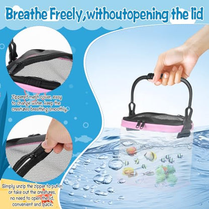 2 Sets Catch Plastic Beach Aquarium Kit, Release Aquarium Box for Beach with Retractable Net Bag and Transparent Portable Handheld（Pink）