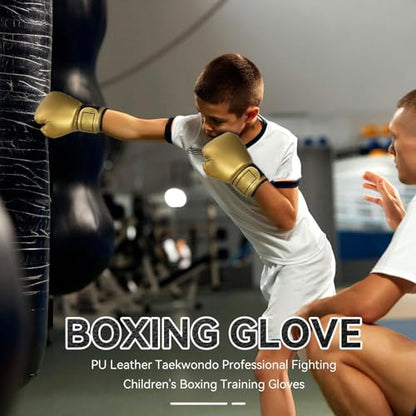 HERCHR Boxing Gloves, PU Leather Taekwondo Gloves Professional Fighting Children Boxing Training Gloves Thickened Punching Sparring Training Mitts for Kids - color: gold