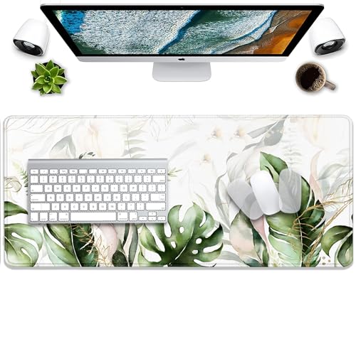 Green Tropical Leaves Mouse Pad Desk Pad,Green Sage Plant Extended Gaming Mouse Mat with Stitched Edges Non-Slip Waterproof Rubber Base Mous Mat for Office Home Game Desk Pad(27.5X11.8 in)