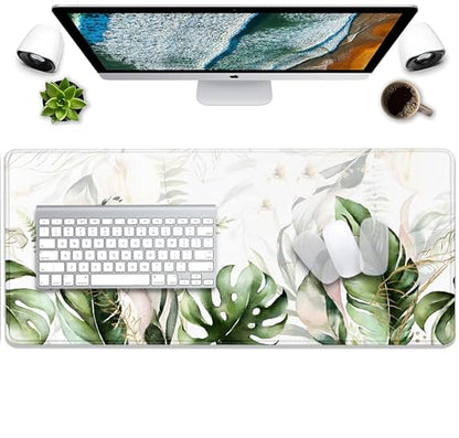 Green Tropical Leaves Mouse Pad Desk Pad,Green Sage Plant Extended Gaming Mouse Mat with Stitched Edges Non-Slip Waterproof Rubber Base Mous Mat for Office Home Game Desk Pad(27.5X11.8 in)