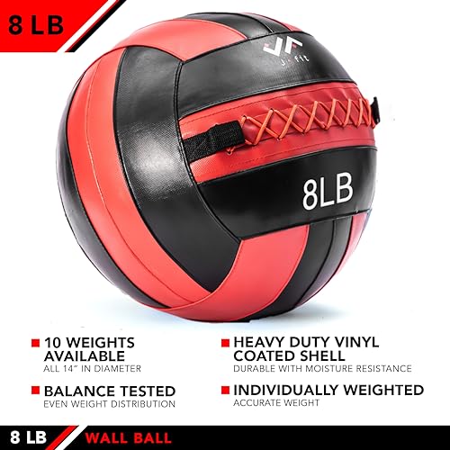 JFit Wall Ball – Premium Soft Weighted Exercise Ball for Strength, Conditioning, Gym & Home Workouts, 4-30 LB - color: Red/Black, style: 8-Pound