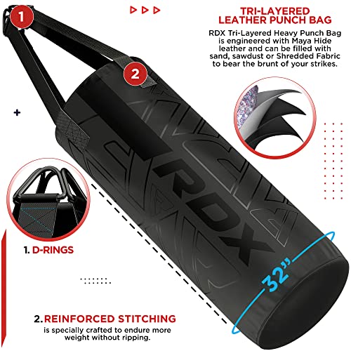 RDX Kids Unfilled Punching Bag Set 2FT, Non Tear Maya Hide Leather Kara Junior Hanging Bag for Kickboxing MMA Muay Thai Taekwondo Karate BJJ Strength Training, Home Gym Equipment - color: BLACK