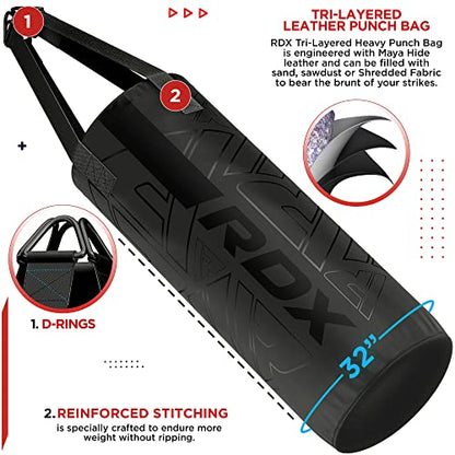 RDX Kids Unfilled Punching Bag Set 2FT, Non Tear Maya Hide Leather Kara Junior Hanging Bag for Kickboxing MMA Muay Thai Taekwondo Karate BJJ Strength Training, Home Gym Equipment - color: BLACK