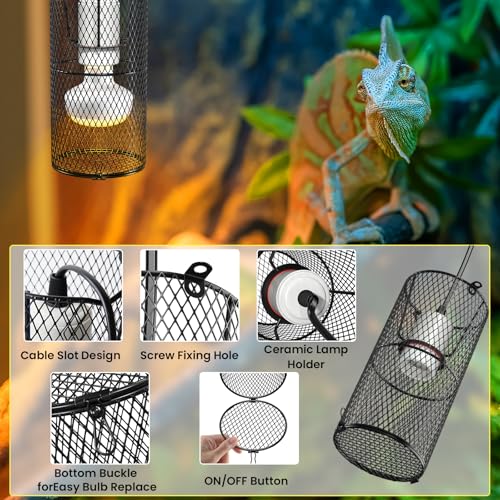 2Pack Reptile Heat Lamp Guard with 150W E26 Ceramic Lamp Holder,Anti Scald Mesh Cage Reptile Light Fixture with ON/Off Button for Reptile Lizard Snake Chick-Heat Bulb Not Included