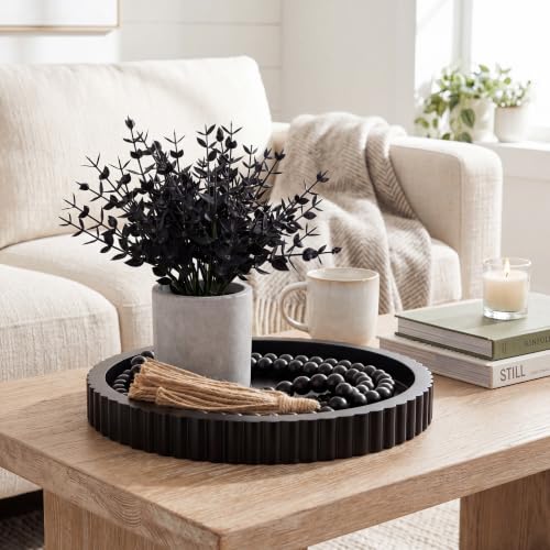 Novabright 3 Pcs Coffee Table Decoration Set Round Wooden Tray a Decorative Beaded Small Black Artificial Eucalyptus Planter for Farmhouses Home Decor
