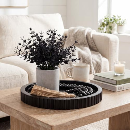 Novabright 3 Pcs Coffee Table Decoration Set Round Wooden Tray a Decorative Beaded Small Black Artificial Eucalyptus Planter for Farmhouses Home Decor
