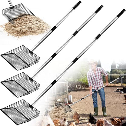 10" Upgrade and Reinforcement Stainless Steel Manure Scoop w/4-in-1 Adjustable Handle (36.6"-62"), Ergonomic Sifter Shovel for Chicken Coop, Cat Litter, Pet Waste Cleaning Tools