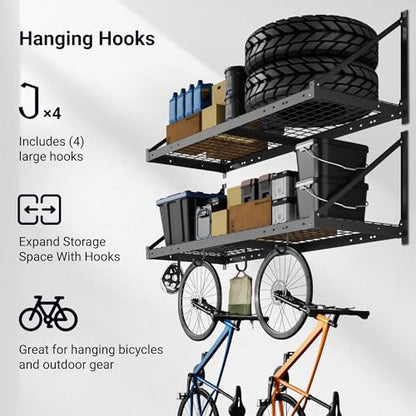 FLEXIMOUNTS 2-Pack 2x4 ft Garage Wall Shelving with 4 Hooks, Black