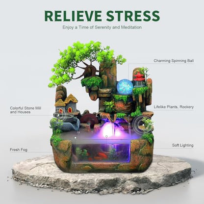 Waterfall Fountain, Desktop Fish Tank Fountain with Atomizer, Fisherman and Colorful LED Lights, for Living Room, Bedroom, Yoga Room, Office, Study, Meditation Room - size: D
