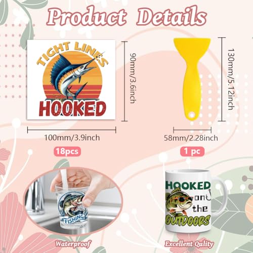 Peacoblue 18 Sheets Rub on Transfers for Crafts, Fishing 3.6"x3.9" UV DTF Cup Wraps Waterproof Rub on Cold Transfers Stickers for Wood Glass Metal Cup Tumblers Mirrors Mugs Home Decor - style: Fishing