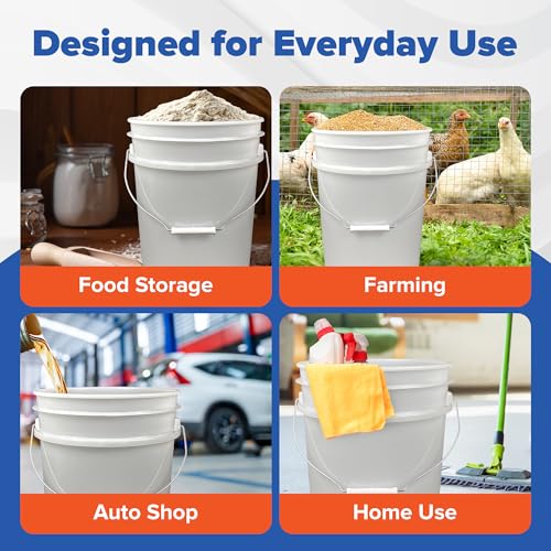 5 Gallon Bucket - Food Grade Bucket, Metal Handle Grip, BPA-Free, Heavy-Duty 90 Mil HDPE Plastic Pail, Stackable Utility Container, Made in USA, Lid Not Included, White, 120 Packs - color: White, size: 120 Packs