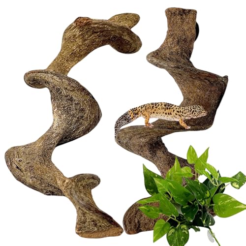 2PCS Natural Reptile Climbing Branches Decor,1.3-1.8" Thick Natural Snake Climbing Forest Wood with Plant Leaf Decor,Lizard Forest Branch,Geckos Tank Tree Trunk Accessories for Bearded Dragons - size: 2PCS|M:1.25-1.75"T,13"H