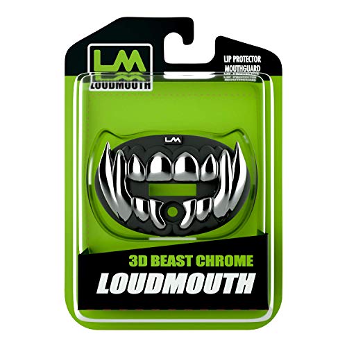 Loudmouth Football Mouth Guard for Youth & Adult - 3D Chrome Beast Silver Teeth Mouthpiece with Strap, No-Boil Braces-Friendly Sports Mouthguard (Chrome Black/Silver) - color: 3d Beast - Chrome Black/Silver