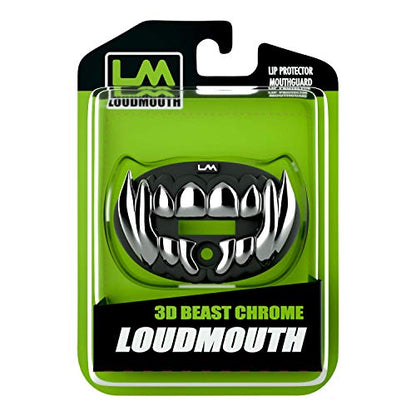 Loudmouth Football Mouth Guard for Youth & Adult - 3D Chrome Beast Silver Teeth Mouthpiece with Strap, No-Boil Braces-Friendly Sports Mouthguard (Chrome Black/Silver) - color: 3d Beast - Chrome Black/Silver