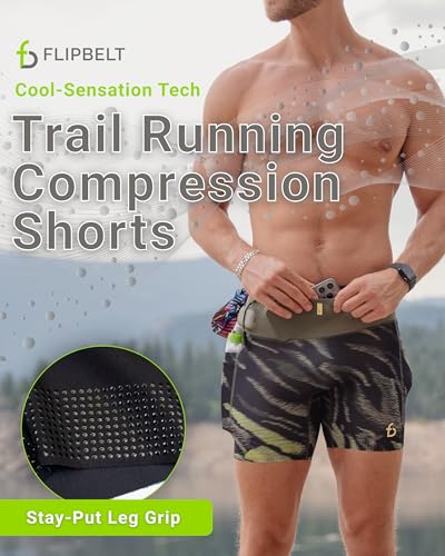 FlipBelt Men's Running Compression Shorts with Built-in Running Belt - color: Trail Black - Past Season, size: Medium