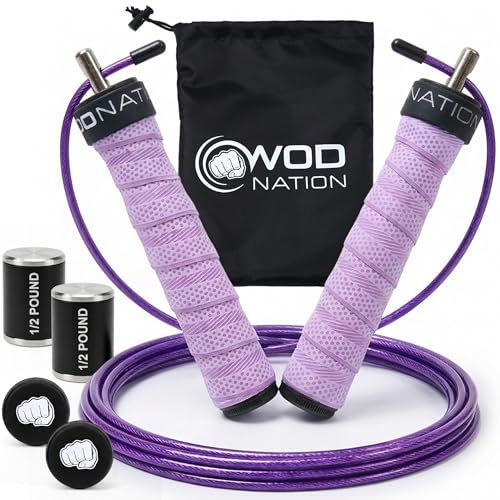 WOD Nation Weight Jump Rope for Men & Women, 1LB Adjustable Heavy Speed Rope with Removable Handle Weights, Dual Cables for Cross Training, Cardio, Home Workouts Adult Fitness Jump Rope - color: Purple