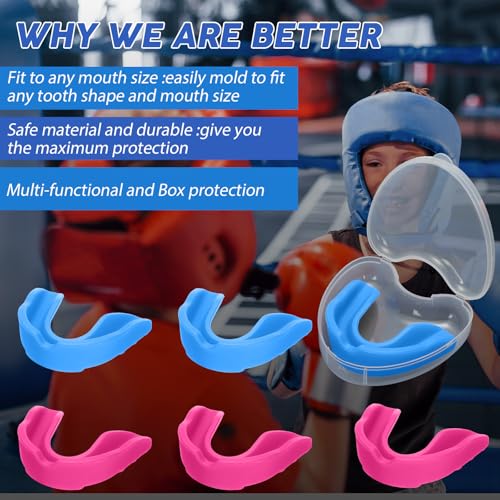 BBTO 6 Pack Kids Youth Mouth Guard for Football Sports, Boys Girls Mouthguard with Case, Soft Mouth Guard for Hockey Boxing Basketball, Ages 4+ - color: Rose Pink，lake Blue