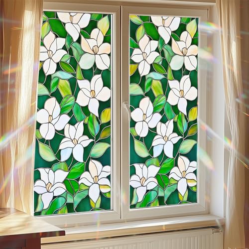 Green Leaf Stained Glass Window Film White Floral Window Privacy Film Glass Decorative Static Clings Rainbow Window Tint for Home Room Bathroom Car Door Decor Films 17.7x39.3 inch - color: Colorful4