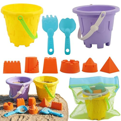 TOY Life Kids Beach Sand Castle Bucket Set, 2 Buckets with Mesh Bag, 6 Molds, 2 Shovels, Colorful Plastic Beach Toys for Summer Play