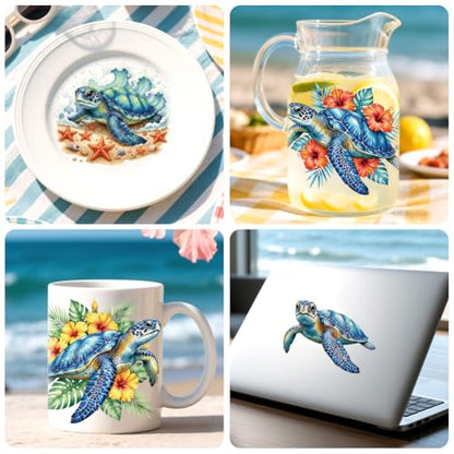 Peacoblue 18 Sheets Rub on Transfers for Crafts, Blue Sea Turtle with Coral Flowers 3.6"x3.9" UV DTF Cup Wraps Waterproof Cold Transfers Stickers for Glass Metal Cup Tumblers Mirrors Mugs Home Decor - style: Blue Sea Turtle with Coral Flowers