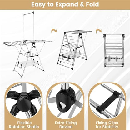 Tangkula 2-Layer Stainless Steel Drying Rack, Foldable Laundry Rack w/ 1 Hanging Bar & 2 Height-Adjustable Wings, 23 Drying Rails, Netting Clothe Drying Rack, No Assembly Required - size: 61.5" x 23.5" x 72"