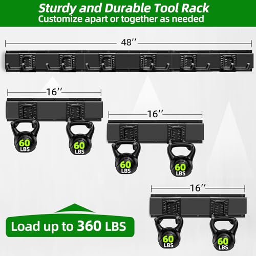 PIYILO Garage Wall Organizer, 48 inches Adjustable Garden Tool Organizer | Heavy-duty Alloy Steel, 360 LBS Load, Wear & Tear Resistant, Soft Anti-Scratch Hook Sleeves, For Lawn, Yard & Shed Storage - size: 48 inch 6-Hook