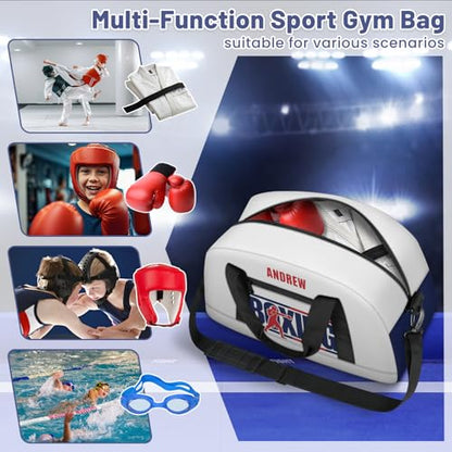 Custom Name Taekwondo Karate Duffle Bag for kids Boy Girls - Personalized Martial Arts Gear Bag - color: Boxing Navy Red
